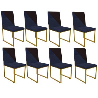 Imagem de Kit 08 Cadeira Stan Duo Sala De Jantar Ferro Dourado Suede Azul Marinho E Marrom - Amey Decor