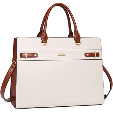 Imagem de Telena Bolsa feminina para laptop, bolsa de ombro de 15,6 polegadas, pasta de couro para mulheres, bolsas de mão de grande capacidade, Branco com marrom, Large