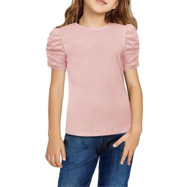 Imagem de Beziun Camiseta infantil feminina, cor sólida, manga curta, malha canelada, gola redonda, blusa casual de verão, Ouro rosa, 12-13 Anos