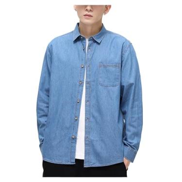 Imagem de Camisa jeans masculina, manga comprida, gola aberta, cor lisa, com punhos ajustáveis, bolso lateral, Azul claro, 3G