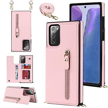Imagem de YDIJCYAN Capa tipo carteira transversal para Samsung Galaxy Note 20 com compartimento para cartão com bloqueio de RFID, capa de carteira magnética, bolsa de couro PU com zíper e alça de cordão removível - rosa