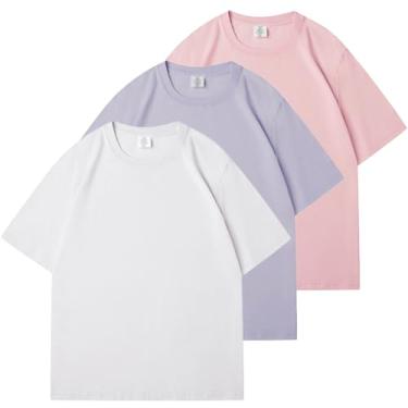 Imagem de KEEPSHOWING Camisetas masculinas de algodão superdimensionadas unissex manga curta gola redonda solta básica tops sólidos atléticos leves, Branco + rosa + roxo, P