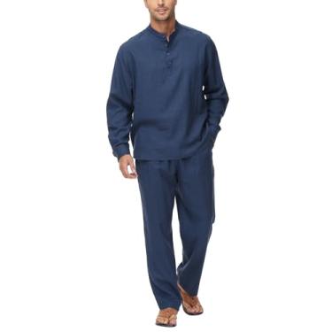 Imagem de Lamgool Conjunto masculino de 2 peças de algodão e linho camisas de manga comprida casual com cordão calças de ioga verão praia roupas de casamento, Azul-marinho - 1, P