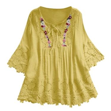Imagem de Lainuyoah Blusas femininas vintage renda patchwork laço gola V três quartos bordado elegante camiseta solta plus size tops, 2 - amarelo, G