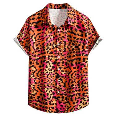Imagem de Camiseta masculina de verão fashion casual estampada à beira-mar botão lapela manga curta atlética masculina longa, Laranja, M