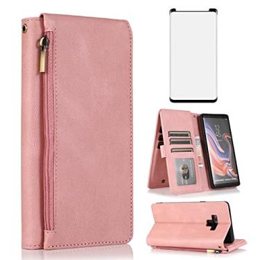 Imagem de Asuwish Capa carteira compatível com Samsung Galaxy Note 9, protetor de tela de vidro temperado e zíper retrô de couro, suporte para cartões, acessórios para celular Note9 Not S9 feminino ouro rosa