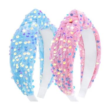 Imagem de Lanmerry Tiaras para meninas com nó de lantejoulas para mulheres com glitter, acessórios de cabelo antiderrapantes para meninas, faixa de cabeça larga, faixa de cabeça larga, faixas de cabelo azuis
