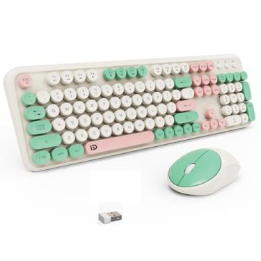 Imagem de Conjunto de teclado e mouse sem fio, 105 teclas, teclado e mouse coloridos fofos com máquina de escrever retrô para PC/Mac/Laptop/Tablet/Computador/Windows Verde