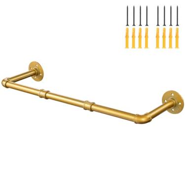 Imagem de Rack de roupas de cano dourado industrial, suporte de parede para roupas de teto 76 cm, barra de pendurar para roupas de cano dourado de ferro, haste de metal resistente para armazenamento de armário