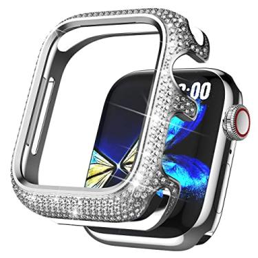 Imagem de BAIHUIAM Capas Bling compatíveis com Apple Watch 44 mm SE/Series 6 5 4, capa protetora de metal inoxidável com strass cintilante, capa de bisel de diamante para mulheres, meninas, prata