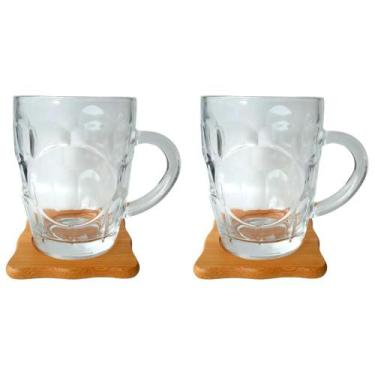 Imagem de Kit Chopp 4 Peças Canecas com Alça 450ml e Porta Canecas Vidro / Madei