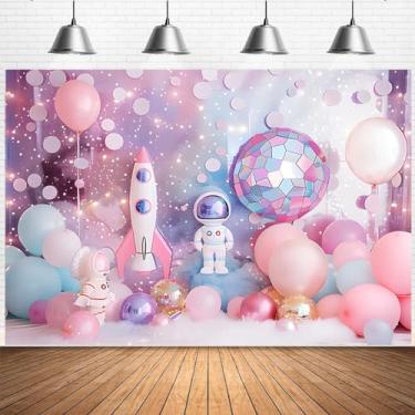 Imagem de Cenário de aniversário de astronauta espacial para fotografia - Decoração de festa temática de menina rosa com estrelas brilhantes - Fundo de aniversário infantil e chá de bebê (20 x 1,5 m)