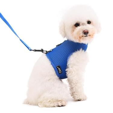 Imagem de Conjunto de coleira e coleira para cães pequenos para o verão, colete acolchoado macio ajustável para poodle, pomerânia, chihuahua, minlature pinscher até 4,5 kg, tecido de malha azul sólido