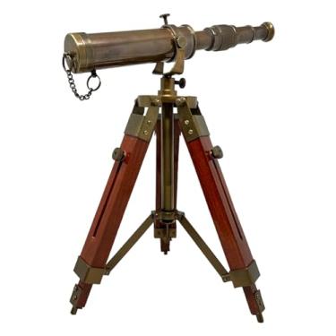 Imagem de Telescópio de latão antigo marrom com tripé de madeira para mesa vintage marinho escopo de Natal e ano novo decorativo