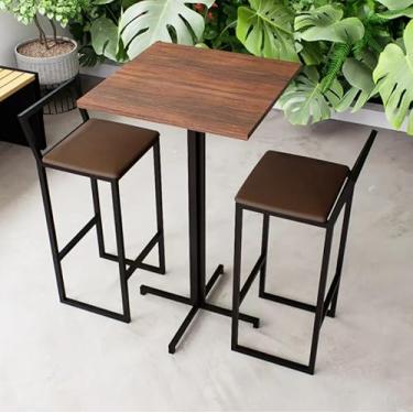 Imagem de Conjunto Mesa Alta Bar Bistrô Quadrada Imbuia 2 Banquetas Confort Estofado Industrial Black (Marrom)