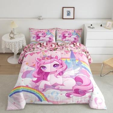 Imagem de Feelyou Conjunto de cama casal de unicórnio rosa para crianças, meninas, castelo sonhador, arco-íris, conjunto de edredom e flor rosa, 3 peças