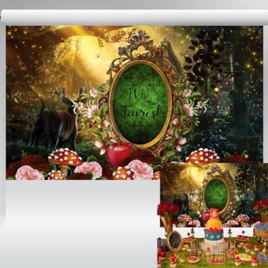 Imagem de Pano de fundo de floresta mágica de conto de fadas para festa com tema de princesa espelho na parede banner decoração de aniversário de meninas 1,5 x 3 m 15