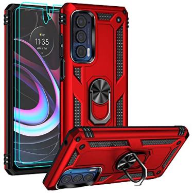 Imagem de Androgate Capa compatível com Motorola Moto Edge 2021, capa para Moto Edge 5G UW com protetores de tela HD, suporte de anel de metal de nível militar, capa à prova de choque de 4,5 m, vermelha