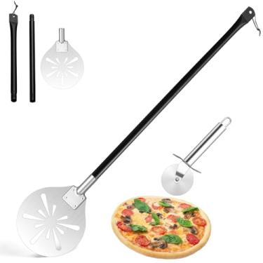 Imagem de Descascador de pizza perfurado de 23 cm e roda de corte clássica, descascador de pizza de aço inoxidável Leonyo com cabo longo ajustável, espátula redonda para chefs, padeiros, forno caseiro
