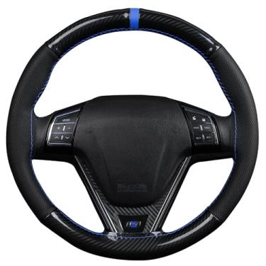 Imagem de Capa de volante de carbono para carro - Costura no envoltório, fibra de carbono brilhante e couro de microfibra, design de 4 painéis, ajuste universal para a maioria dos carros, azul