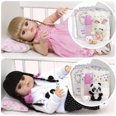 Imagem de 2 Boneca Reborn Silicone Gêmeas Pandinha Coelhinha Enxoval - Cegonha R
