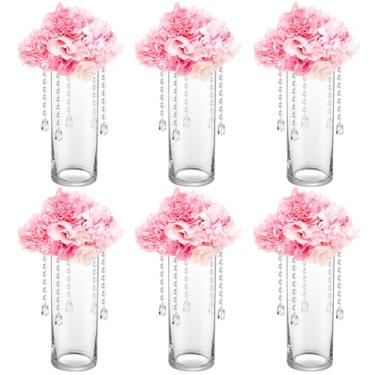 Imagem de Yerliker 6 conjuntos de vasos de flores de vidro transparente cilíndrico de 25,4 cm de altura com suporte de flores com guirlanda de cristal acrílico para decoração de casa de casamento