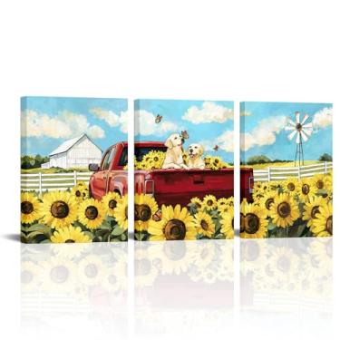 Imagem de xiysien Arte de parede em tela de fazenda caminhão campestre velho celeiro moinho de vento girassol cães imagens de animais decoração de parede para sala de estar quarto 30,5 x 40,6 cm x 3 peças