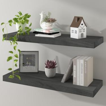 Imagem de Prateleiras flutuantes prateleira de parede de madeira maciça montada armazenamento para quarto sala de estar conjunto de 2, prateleiras de parede cinza rústico