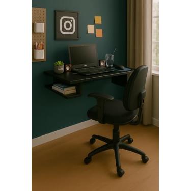 Imagem de Mesa Escrivaninha de Estudos Suspensa Escritório Notebook Home Office MDF Preto 90cm
