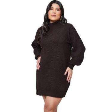 Imagem de Vestido de Tricot Feminino Amplo Plus Size Manga Longa com Trama Quadriculada Cor:;Tamanho:GG-Feminino