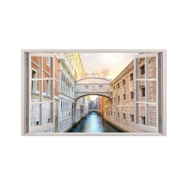 Imagem de Impressão lona janela falsa-Rio ponte cidade-Imagem arte parede paisagem-Pintura moderna para banheiro decoração 30x50cm12x20in Sem Moldura