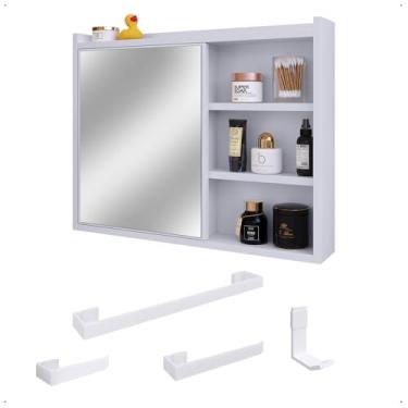 Imagem de Espelheira Armário de Banheiro 1 Porta Prateleira Espelho Kit Acessórios Lavabo 4 Peças Aço Inox Branco - RPM