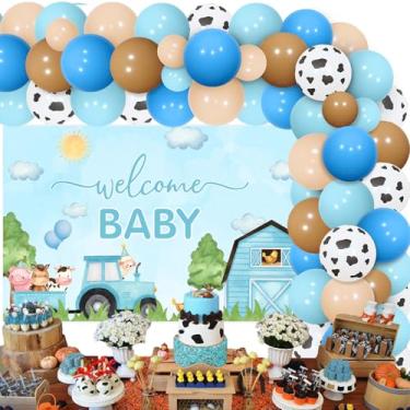 Imagem de JOYMEMO Decorações Para Chá De Bebê Com Animais Da Fazenda Azul - Kit Arco Guirlanda Balões Cenário Boas-Vindas, Metalizados Vaca, Burro, Porco Festa Gravidez Em Estilo E Suprimentos Festas Recém-Na