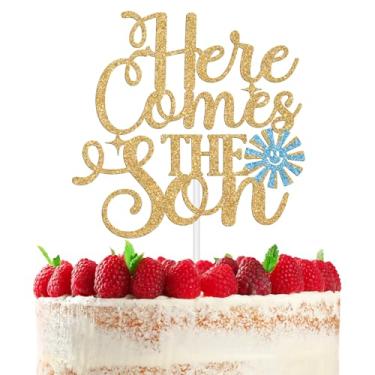 Imagem de RLXPT Topo De Bolo "Here Comes The Son", Decorações Para Chá Bebê "Sunshine", Decoração "Oh Baby/Welcome Little One", Suprimentos Bebê/Festa Revelação Gênero Meninos, Glitter Dourado