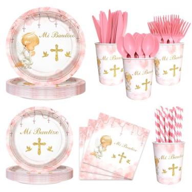 Imagem de AIBIIN 192 Peças Decorações Rosa Mi Bautizo Para Meninas, Batismo, Chá De Bebê, Primeira Comunhão, Mesa, Pratos, Guardanapos, Copos, Batizado, Suprimentos Deus Abençoe, Lembrancinhas 24 Convidados