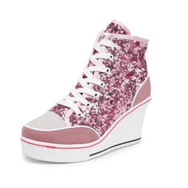 Imagem de Sapatos femininos de lona de salto alto, sapatos casuais, modernos, brilhantes, para caminhada, plataforma, sapatos de salto alto, 03 rosa, 34 BR
