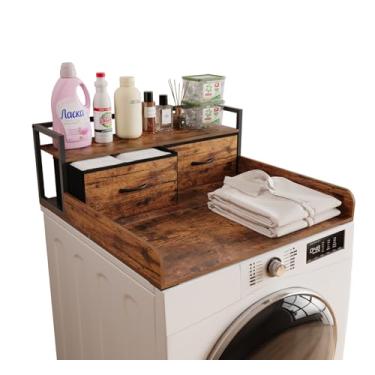 Imagem de Unionly Bancada de lavadora e secadora de 2 camadas única com prateleira e gaveta fabirc, topo de roupa com borda e almofada antiderrapante para lavadora, secadora, cesto de roupa suja, organização de