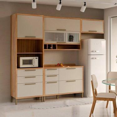Imagem de Cozinha Modulada Compacta 4 Peças 7 Portas e Vidro Reflecta 274cm 100% Mdf Vicenza Espresso Móveis Amêndoa/Off White