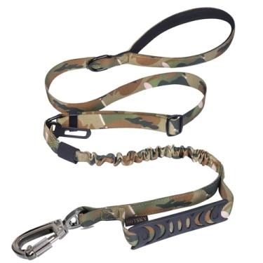 Imagem de Coleira para cães resistente, correia militar camuflada para cães com cinto de segurança de carro para cães grandes de até 68 kg, coleiras para cães fortes retráteis com absorção de choque de 1,8 m, correia tática de alça dupla para adestramento de cães