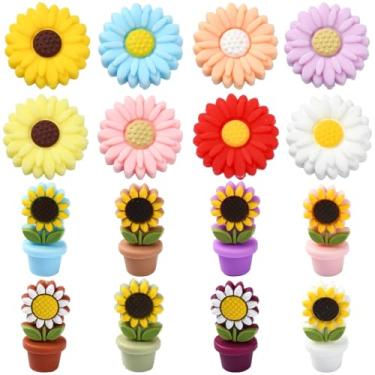 Imagem de Echoed Elegance 16 peças girassol margarida silicone contas focais 3D Sunlower pote para canetas, espaçadores de borracha sortidos para chaveiro, colar, pulseira, cordão, fabricação de joias