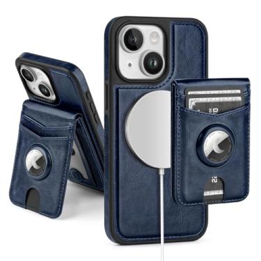 Imagem de SkyEagle Capa carteira compatível com MagSafe iPhone 15 Plus com suporte para AirTag, 2 em 1, couro sintético, magnético, destacável com bloqueio de RFID, suporte para cartão de crédito, capa flip com