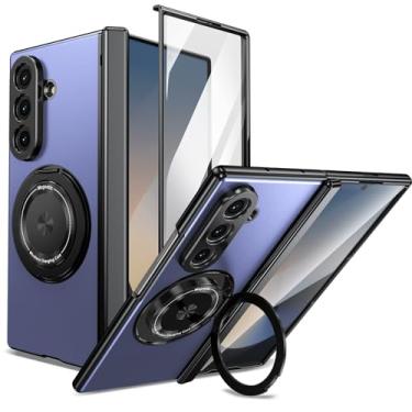 Imagem de XIMAND Capa para Samsung Galaxy Z Fold 6 com suporte de anel magnético, suporte giratório 360, proteção de dobradiça e protetor de tela frontal embutido, capa fina antiqueda à prova de choque (azul)