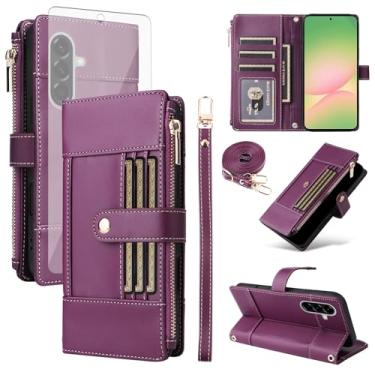 Imagem de Asuwish Capa de celular para Samsung Galaxy A56 5G carteira celular com protetor de tela de vidro temperado bloqueio RFID alça transversal alça flip zíper suporte para cartão de crédito A 56 56A LTE