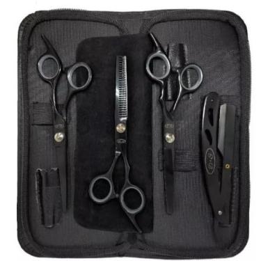 Imagem de Kit Barbeiro 3 Tesouras Profissionais Fio Navalha Desfiadeira Coloridas(Preto)
