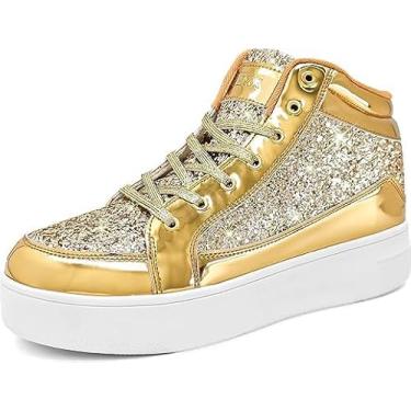 Imagem de IGxx Tênis feminino plataforma com glitter, preto, cano alto, brilhante, moderno, brilhante, brilhante, elegante, lantejoulas, metálico, discoteca, casamento, Dourado, 38