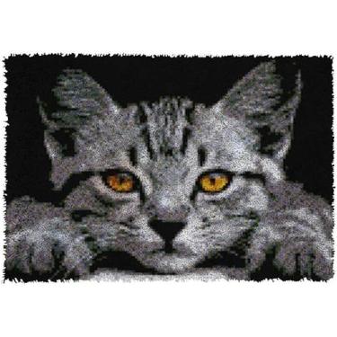 Imagem de Kits De Tapete De Gancho De Trava Para Adultos, Linha De Gancho Diy Para Fabricação De Carpete Grande, Com Padrão De Gato Cinza Pré-impresso Tapete De Lona Artesanato Bor, Grey, 40 * 50 cm