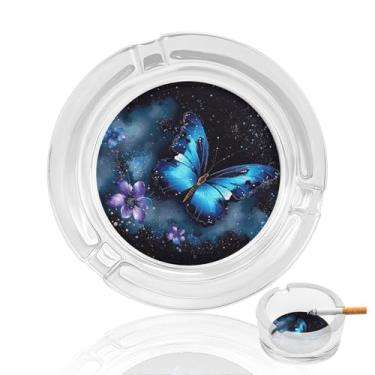 Imagem de Cinzeiro de cristal borboleta azul galáxia, cinzeiro redondo de vidro resistente, cinzeiro moderno decorativo portátil para uso em casa, escritório, interior, exterior, pátio