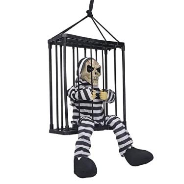 Imagem de KIMISS Halloween Scary Skull Cage Prisioneiro Com Olhos Brilhantes - um Dos Fantasmas Assustadores Gritando "Me tire!" - Decoração Caseira Assombrada Alimentada por Bateria (Fantasma com capuz)