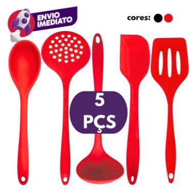 Imagem de Kit 05 Pç Silicone Com Espátula Vazada Espátula Pão Duro Colher Arroz 