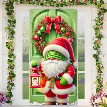 Imagem de BlissYard Banner de porta de Natal de Papai Noel vendado, 89 x 188 cm, decoração de porta verde com lanterna, enfeites de laço vermelho e guirlanda de inverno para varanda de Natal ou exibição de